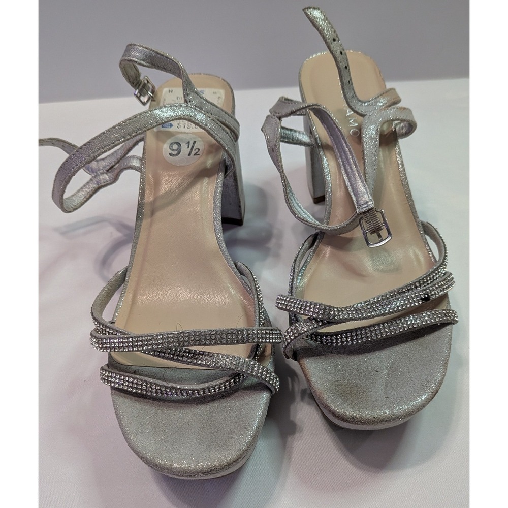 Andiamo Platform Sandals Women 9.5 Silver Good Rhinestone Strappy Block Heel